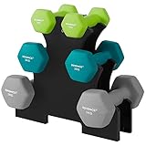 SONGMICS Hantel-Set für Krafttraining, mit Aufbewahrungshalterung, Fitness, 2 x 1 kg, 2 x 2 kg, 2 x 3 kg, Vinylbeschichtung, leuchtendes Grün, Türkis und Hellgrau, SYL612GN