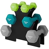 SONGMICS Kurzhantel Set, Hexagon, mit Hantelständer, 2 x 1 kg, 2 x 2 kg, 2 x 3 kg, mattes Finish, Neopren-Beschichtung, Krafttraining, zu Hause, limettengrün, aquamarin und hellgrau SYL612GN